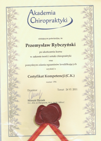 Certyfikat i dyplom chiropraktyki, Przemyslaw Rybczynski, chiropraktyk Poznan, skan 1
