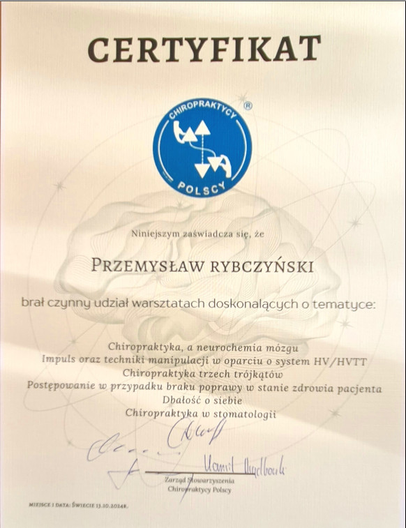 Certyfikat i dyplom chiropraktyki, Przemyslaw Rybczynski, chiropraktyk Poznan, skan 3