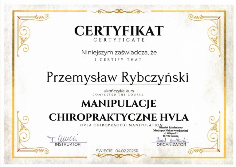Certyfikat i dyplom chiropraktyki, Przemyslaw Rybczynski, chiropraktyk Poznan, skan 5