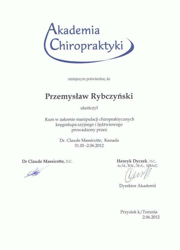 Certyfikat i dyplom chiropraktyki, Przemyslaw Rybczynski, chiropraktyk Poznan, skan 20