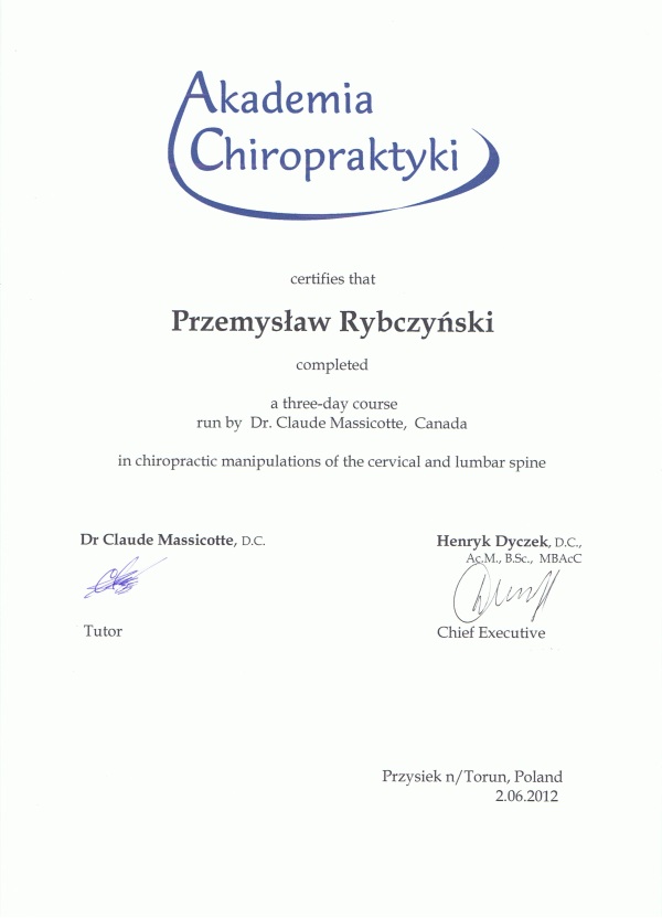 Certyfikat i dyplom chiropraktyki, Przemyslaw Rybczynski, chiropraktyk Poznan, skan 21