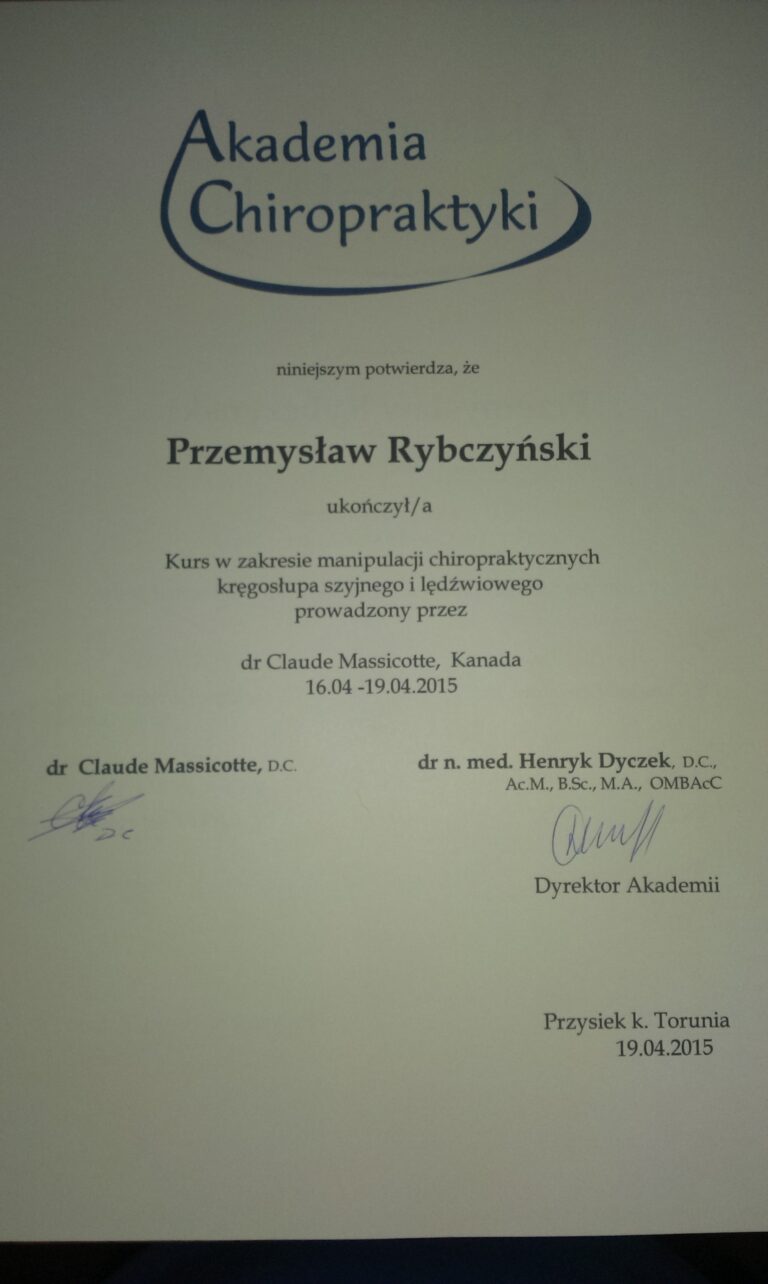 Certyfikat i dyplom chiropraktyki, Przemyslaw Rybczynski, chiropraktyk Poznan, skan 23
