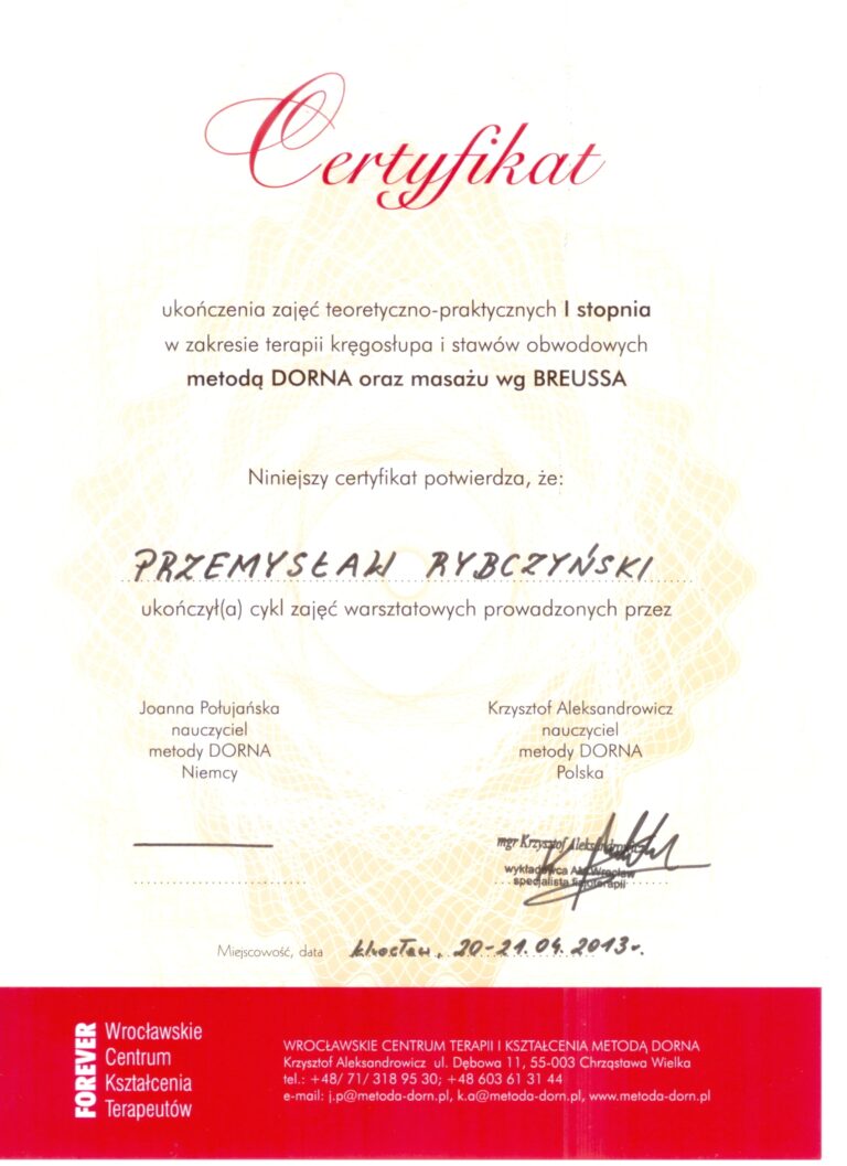 Certyfikat i dyplom chiropraktyki, Przemyslaw Rybczynski, chiropraktyk Poznan, skan 27