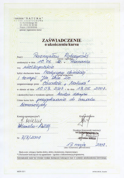 Certyfikat i dyplom chiropraktyki, Przemyslaw Rybczynski, chiropraktyk Poznan, skan 30