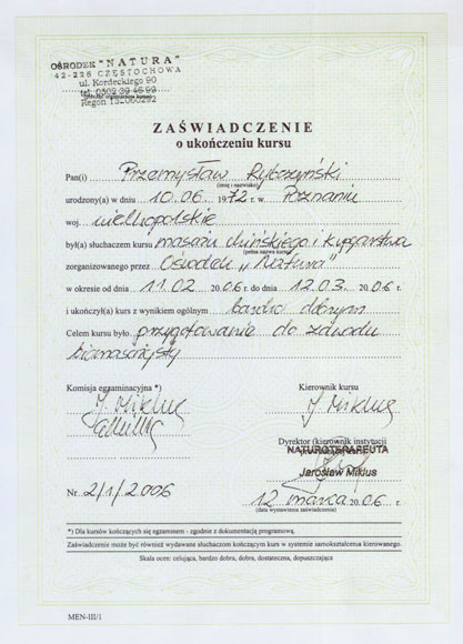 Certyfikat i dyplom chiropraktyki, Przemyslaw Rybczynski, chiropraktyk Poznan, skan 32