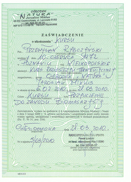 Certyfikat i dyplom chiropraktyki, Przemyslaw Rybczynski, chiropraktyk Poznan, skan 34