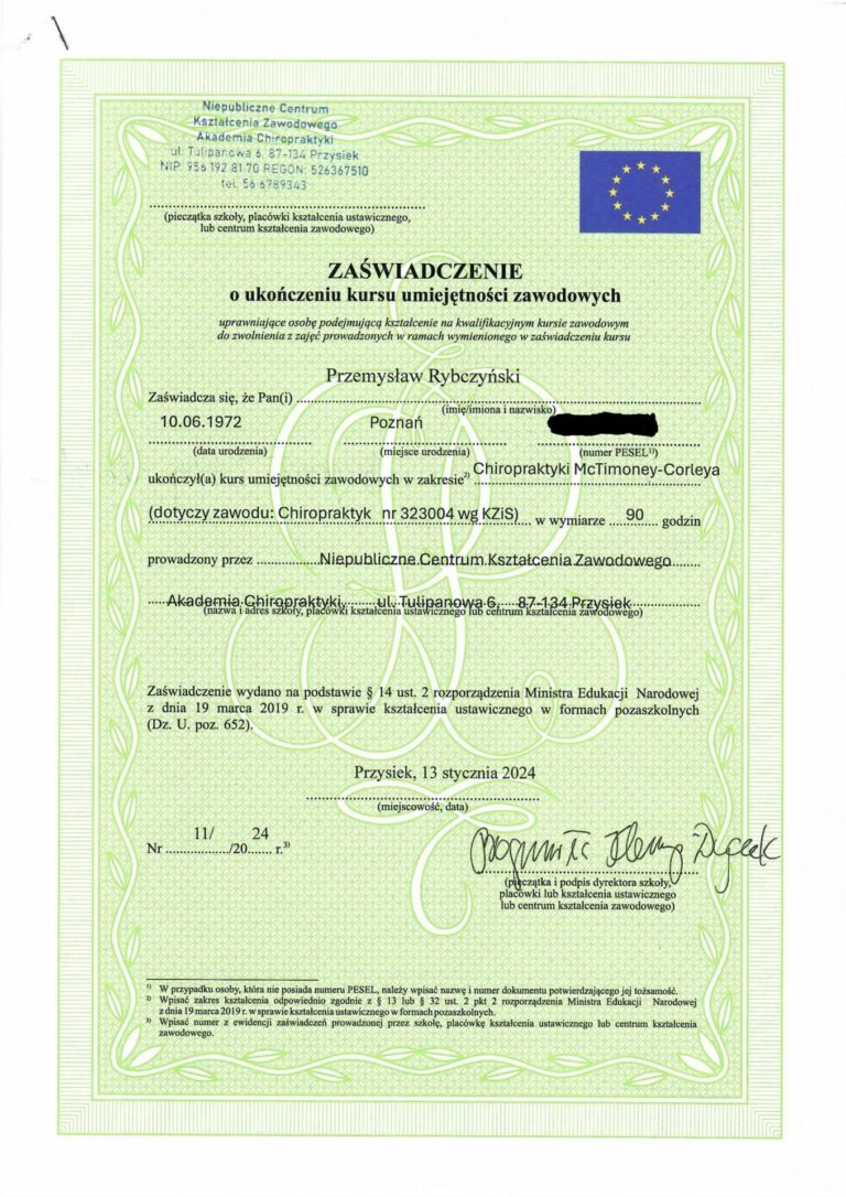 Zaświadczenie Akademii Chiropraktyki, kurs chiropraktyki McTimoney-Corleya 90 godzin, Przemysław Rybczyński, 2024